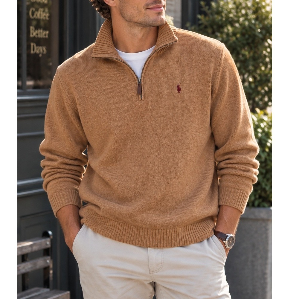 Polo Ralph Lauren Quarter Zip Sweater Mens M Tan Excellent Cotton Knit Pullover